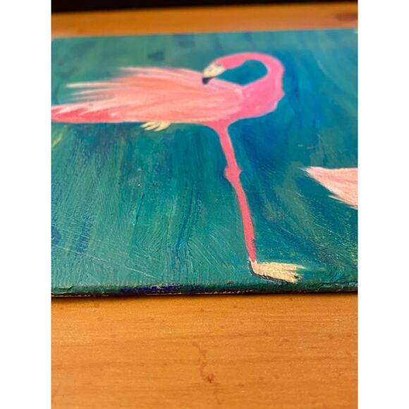 Original painting - Flamingo parent & chick signed 8" x 10" on canvas panel - Picture 3 of 4